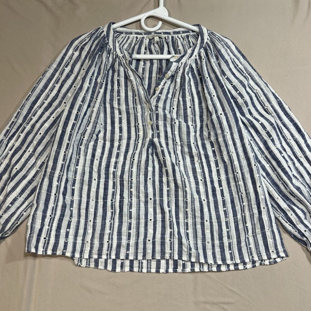 Lucky Brand Blue White Striped Eyelet Embroidered Boho Peasant Blouse Top L